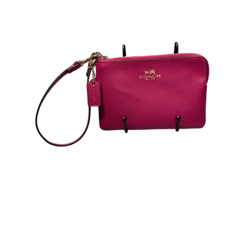 Coach Magenta Fuchsia Pink Crossgrain Leather Corner Zip Wristlet Pouch GUC